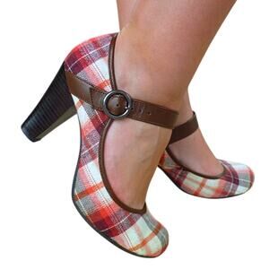 VTG Y2K Mary Jane Heels Academia Fall Red Brown Plaid Academia Preppy  Size 9